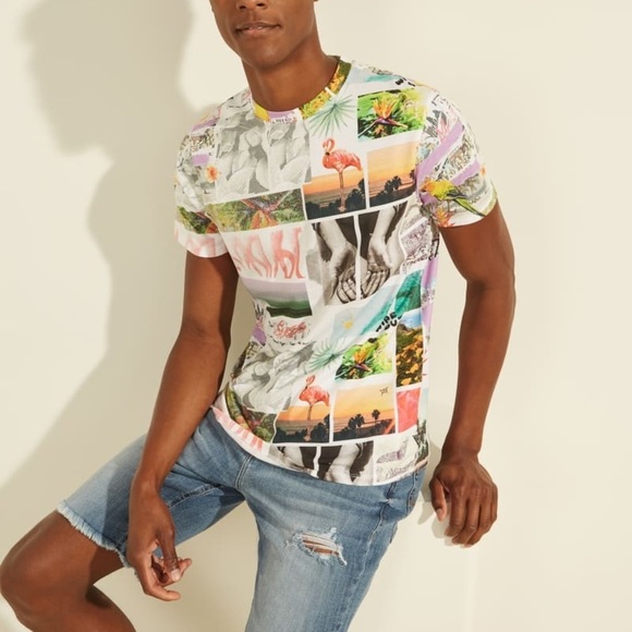 Guess | Short Sleeves Postcard Tee Mens Size M Organic Cotton Crewneck Pullover - Picture 4 of 14